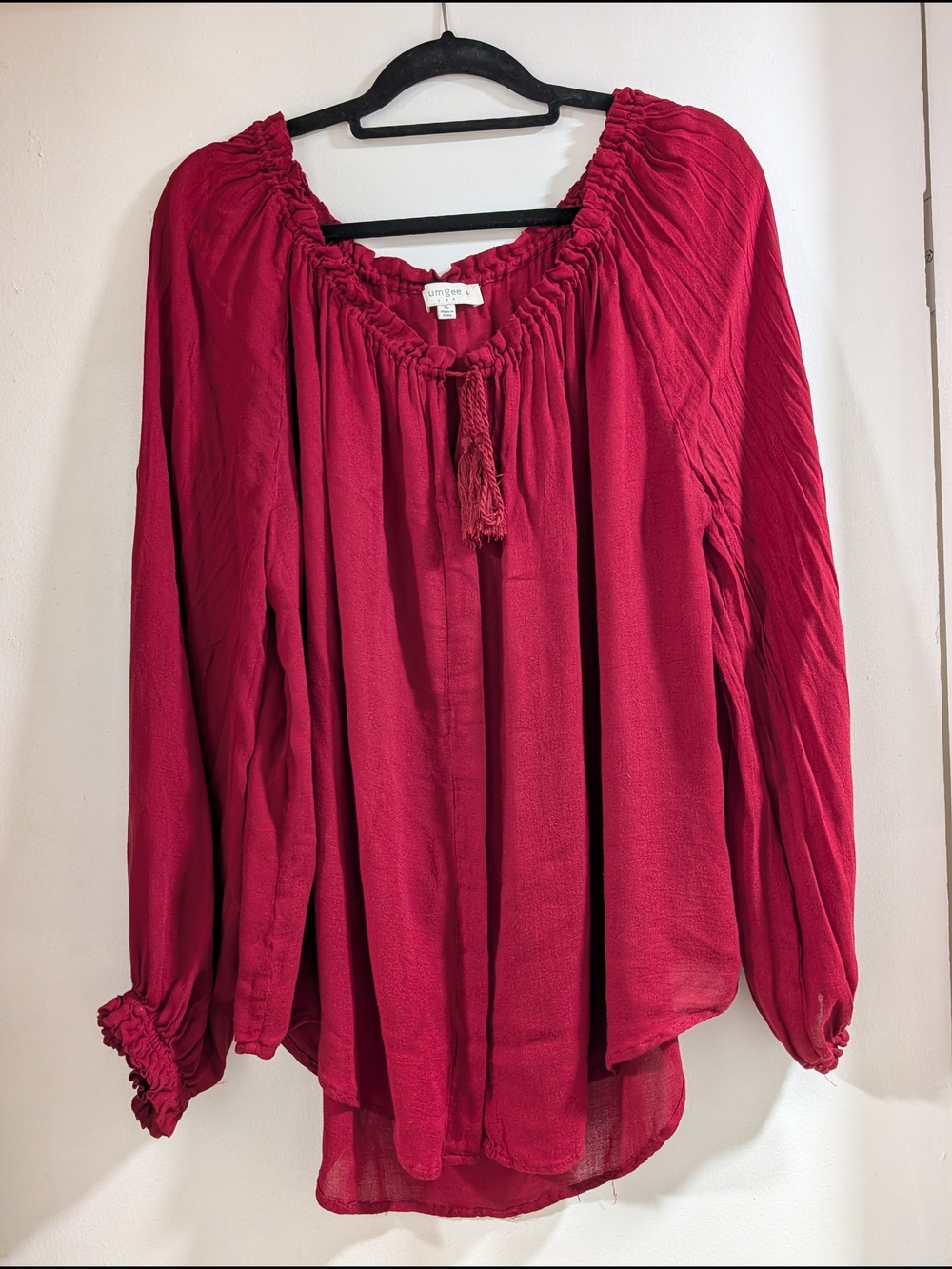 Umgee Berry Red Peasant Tunic with Tassel Tie